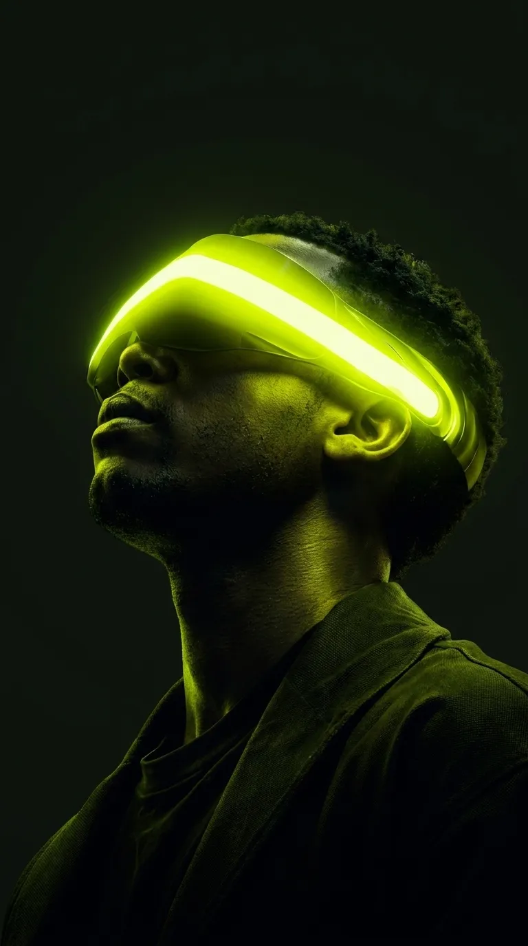 Render 3D fotorrealista de una persona mirando hacia arriba con gafas AR/VR futuristas que proyectan un resplandor neón verde lima